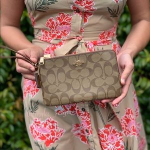 Coach Signature Khaki Double Zip Wristlet